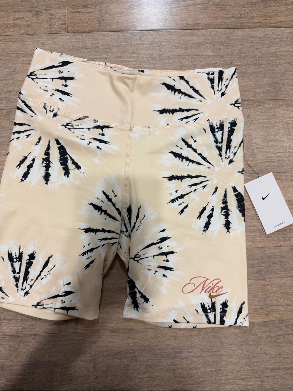 Nike Beige Tie-Dye Bike Shorts with Black & White Burst Print